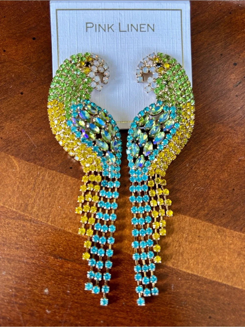Pink Linen Tropical Parrot Rhinestone Statement Fringe Drop Earrings Summer Bird